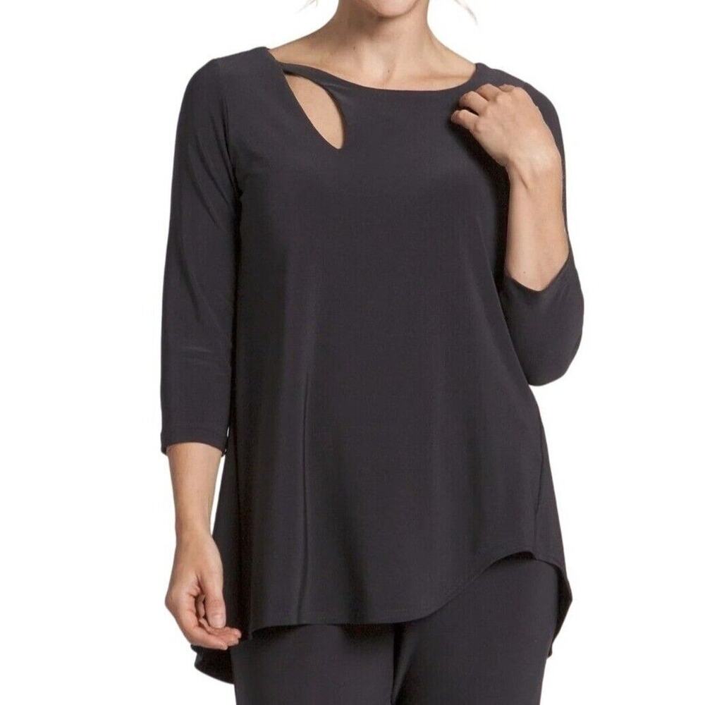 Sympli Fortune Tunic Top Womens 6 Black Asymmetrical‎ Keyhole 3 4 Sleeve